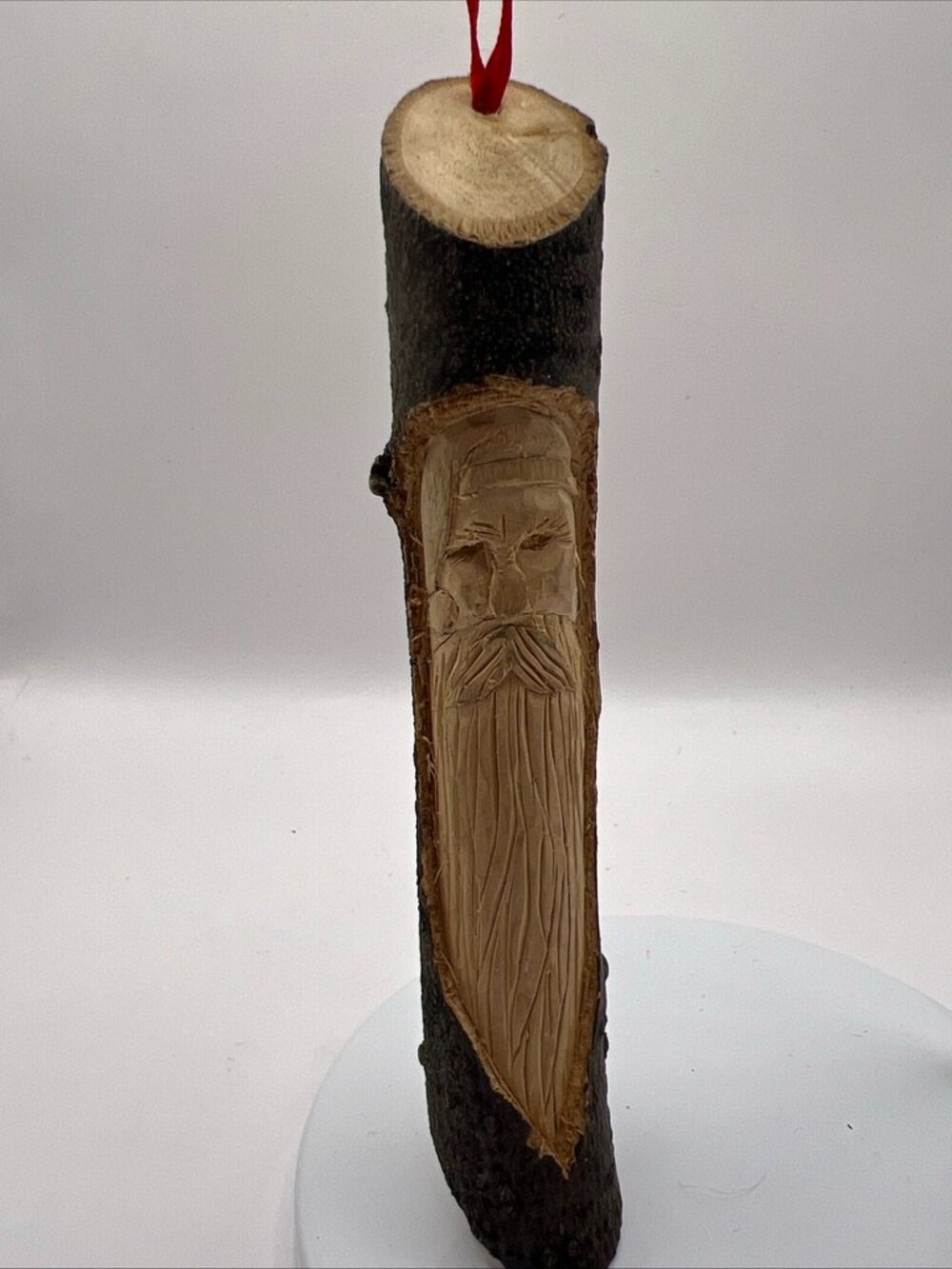 Vtg 1991 Hand Carved Santa Face in Wood Log Ornament 6" Christmas Ornament Signe